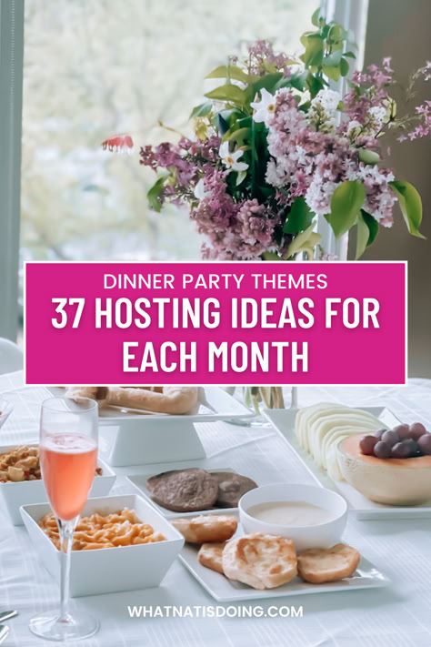 Explore monthly themed dinner parties to enhance your hosting game throughout the year. Whether a cozy New Year's Day brunch or a creative cookie exchange in December, these ideas infuse fun and intention into gatherings with friends. Scale back for cocktails, or fully embrace themes with menus, decorations, and activities. Hosting not only brings joy but creates cherished memories and traditions. Hosting ideas, hosting themes, dinner party themes Fun Party Themes For Adults Creative, Host Game Night Ideas, Dinner Party Game Ideas, Brunch Themes Ideas, Spring Hosting Ideas, May Theme Party Ideas, Girlfriend Dinner Party Ideas, Monthly Party Ideas, Monthly Party Themes