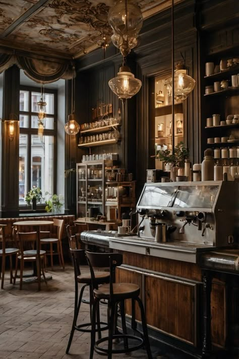 Tea Shop Interior Vintage, Coffee Shop Store Fronts, 1920s Coffee Shop, Dark Academia Cafeteria, Dark Moody Coffee Shop, Moody Cafe Interior, Moody Cafe Aesthetic, Cafe Dark Aesthetic, Coffee Shop Design Vintage