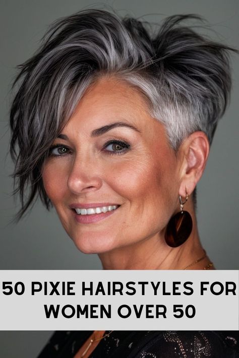 Short Shaggy Grey Hairstyles, Undercut Grey Hairstyles Women, Dawn French Short Hair, Color And Highlights For Short Hair, Pixies With Highlights Brunette, Pixie Haircut For Gray Hair, Short On One Side Long On The Other Hair, Pixie Haircut Long On Top Short On Sides, Great Short Haircuts