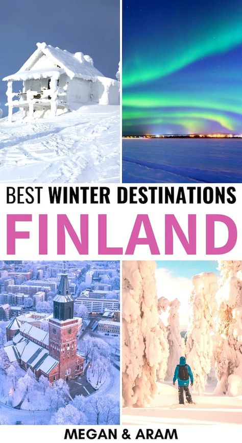 Are you planning on visiting Finland this winter? This is a guide to the best places to visit in Finland in winter | Finland in winter | Winter in Finland | Lapland winter | Finland December | Finland January | Finland February | Finnish winter | Places to visit in Finland | Yllas | Salla | Rovaniemi | Levi | Utsjoki | Kemi | Vaasa | Helsinki | Nuuksio National Park winter | Tampere | Lahti | Turku | Ruka | Kuusamo | Finland skiing | Åland Islands Visiting Finland, Winter Places, Finland Trip, Best Winter Destinations, Finland Lapland, Visit Helsinki, Turku Finland, Finland Travel, Lapland Finland