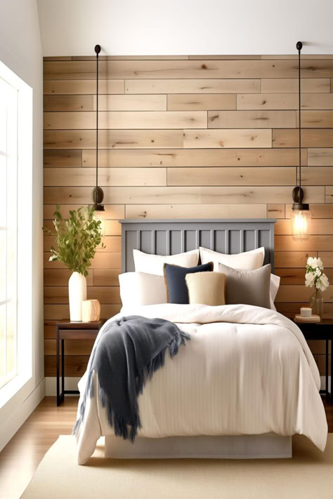 A cozy bedroom setting with a wooden plank accent wall, creating a calming and natural ambiance. Bedroom Decor Wood Wall, Bedroom Master Feature Walls, Bedroom Wood Accent Wall Ideas, Natural Wood Accent Wall Bedroom, Statement Bedroom Wall, Wooden Feature Wall Bedroom, Wood Plank Wall Bedroom, Wood Wall Bedroom Ideas, Accent Wall Bedroom Wood