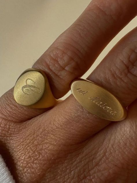 Personalised Gold Oval Signet Ring | The Go-To Matching Signet Rings, Signet Engagement Ring Men, Signet Ring Aesthetic, Engraved Gifts For Him, Signet Ring Engraving, Western Academia, Gold Landscape, Men Signet Ring, Matte Jewelry