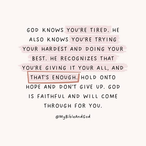 God sees all your struggles, honors your efforts, and will bring relief and triumph. When you go through the darkest period of your life, keep moving forward, keep pushing, and don’t give up. You are stronger than you think you are because God is your strength. Hold on to hope and don’t give up! — Psalm 138:8: “The Lord will fulfill his purpose for me; your steadfast love, O God, endures forever.” — Isaiah 41:10: “Fear not, for I am with you; be not dismayed, for I am your God; I will stren... God Is With You Quotes Strength, God Will Help You Quotes, God Is On The Move, Words Of Encouragement Scripture, Biblical Healing Quotes, God Will Give You Strength, Uplifting Motivational Quotes, How God Sees You, Christian Encouragement Quotes Strength