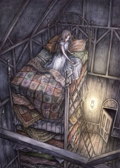 'The Princess and the Pea' by Adam Oehlers Princess And The Pea Illustration, Princess And The Pea Aesthetic, Adam Oehlers, Hans Andersen, Ella Enchanted, Arthur Rackham, Bad Apple, Legends And Myths, Princess And The Pea