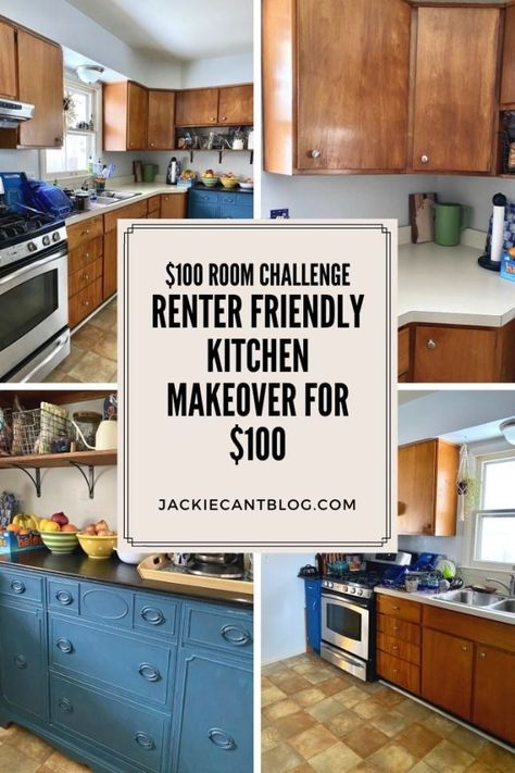 Cabinet Rental Makeover, Rental Apt Makeover, Rental Kitchen Design, Rental Kitchen Countertop, Rental Kitchen Inspiration, Diy Retro Kitchen Decor, Rental Friendly Cabinet Makeover, Cabinet Makeover For Renters, Renter Friendly Farmhouse Kitchen