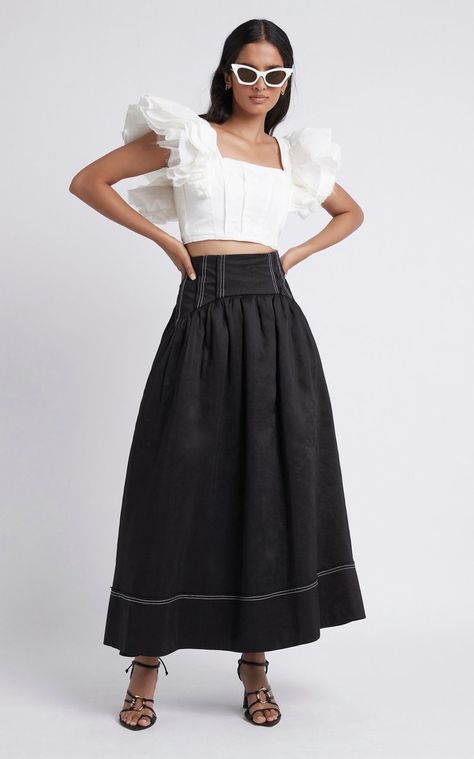 Ruffle Linen, Linen Fashion, Tambourine, Cropped Top, Costume Design, Moda Operandi, Skirt Fashion, Unique Fashion, Long Skirt