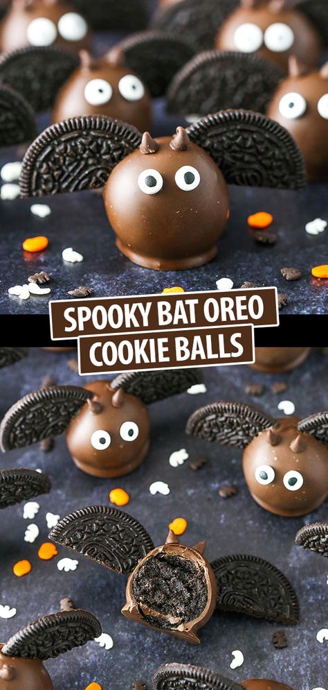 Bat Oreo Cookie Balls are the perfect Halloween food idea for your next party! Learn how to make this fun recipe with only a handful of ingredients! #halloweenfood #halloweenrecipe #halloweenparty Easy Halloween Party Food, Halloween Torte, Halloween Deserts, Oreo Cookie Balls, Dessert Halloween, Recetas Halloween, Cookie Balls, Halloween Party Food, Fun Halloween Treats