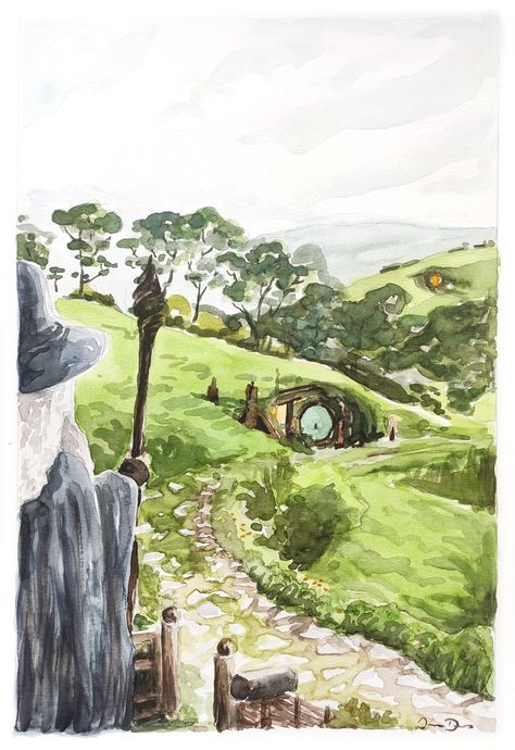 The Shire Painting, Hobbit Holes, Hobbit Art, Middle Earth Art, Tolkien Art, Lotr Art, Hobbit Hole, The Shire, Gandalf