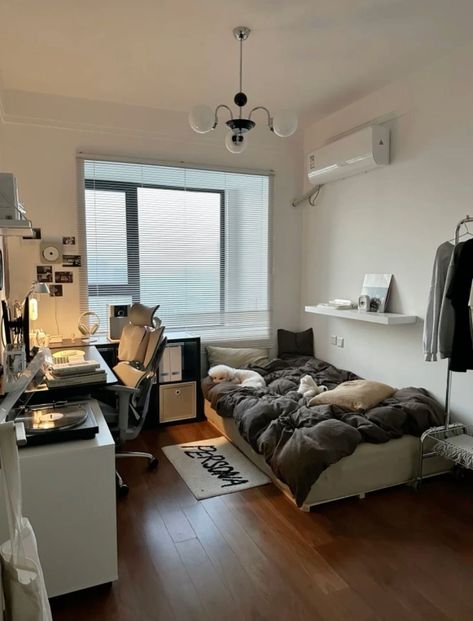 Cozy Room Modern, Single Bedroom Idea, Simple Bedroom Ideas For Small Rooms Minimalist, Room Ideas For Men Bedroom Modern, Light Grey Room Aesthetic, Clean Boy Room Aesthetic, Aesthetic Bedroom Layout, Acubi Bedroom Ideas, Bed Setup Ideas