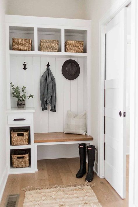 Small Entry Way Built In, Small Front Hallway Ideas Entrance, Mudroom Storage Ideas Farmhouse, View From Front Door Into House, Small Entryway Room, Small Mudroom Ideas Entryway With Window, Entry Nook With Bench, Mudroom Small Space, Small Mud Room Ideas Entryway