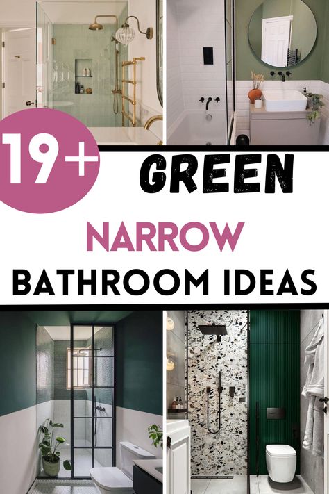 Discover ways to style a green narrow bathroom with these fresh, calming ideas! Perfect for tight spaces, green tones and clever storage ideass can make even the smallest bathrooms feel inviting and spacious. Small Green Bathroom Ideas, Long Narrow Bathrooms, Small Narrow Bathroom Ideas, Long Narrow Bathroom Ideas, Long Bathrooms Ideas, Small Bathroom Double Sink, Narrow Bathroom Ideas, Green Small Bathrooms, Light Green Bathrooms