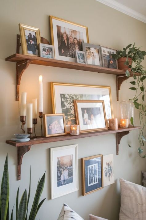 Living Room Family Picture Wall Ideas, Wedding Photos On The Wall, Picture Shelf Entryway, Gold Frame Decor Ideas, Different Ways To Display Photos, Desk With Pictures On Wall, Gallery Wall With Floating Shelf, Mantle Gallery Wall, Family Picture Decorating Ideas