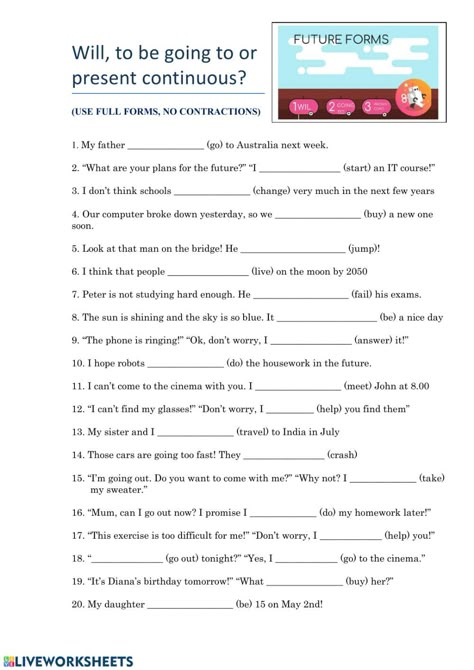 Future Forms Grammar, Future Tenses English Grammar Worksheets, Future Tenses Worksheets, Future Tenses English Grammar, Future Continuous Tense Worksheet, Future Tense Activities, Future Tense Worksheet, Simple Present Tense Worksheets, Tenses Exercises