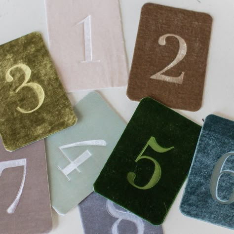 Velvet Party Decor, Creative Table Numbers Wedding Diy, Table Numbers Wedding Modern, Table Numbers Modern, Cool Table Numbers, Velvet Table Numbers, Fabric Table Numbers, Wedding Table Numbers Unique, Embroidered Table Numbers