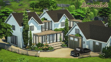 Sul Sul Simmers! I built this Modern Farmhouse diagonally which was quite a challenge but I ended up with 3 versions: One Base Game shell & two using packs (shell & furnished) 🌿 Gallery ID: simmerindi Sims 4 Farmhouse, Sims 4 Base Game, Modern Farmhouse Interior, Sims 4 Speed Build, Shell House, Sims 4 House Design, Sims Builds, Sims Building, Sims Ideas