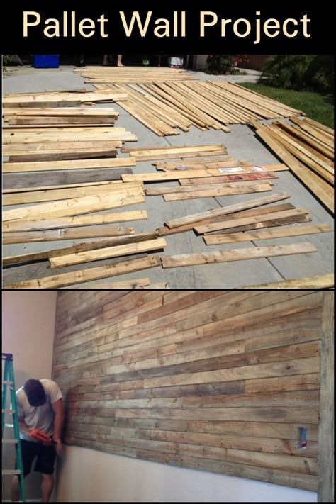 Put up a pallet wall with this easy and inexpensive DIY project! Bar Pallet, Timber Feature Wall, Diy Pallet Decoration, Wood Feature Wall, Diy Pallet Wall, Wood Pallet Wall, Prayer Wall, Pallet Decor, Pallet Wall