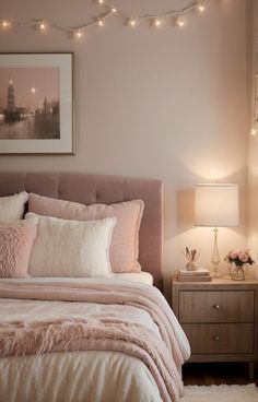 Cream Pink Brown Bedroom, Bedroom Statement Light, Beige And Light Pink Bedroom, Vintage Rose Bedroom Ideas, Pink And Cream Bed, Pink Luxury Bedroom Aesthetic, Mauve Blush Bedroom, Blush Pink And Cream Bedroom, Pink Accents In Bedroom