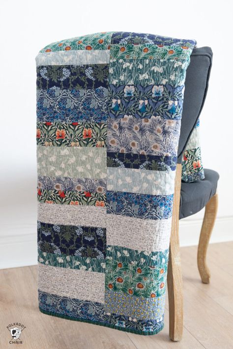 A simple, easy to create beginner friendly quilt pattern. The scrappy strips quilt by Melissa Mortenson Easy Quilting Techniques, Baby Quilts Easy, Lap Quilt Size, Quilt Patterns Easy, Baby Quilt Size, Strip Quilt Patterns, Lap Quilt Patterns, Polka Dot Chair, Bright Quilts