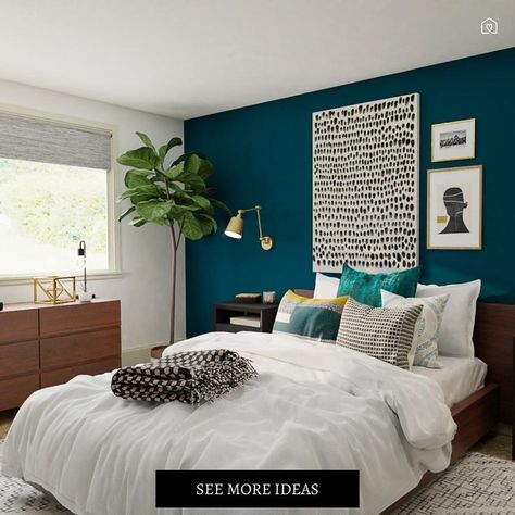 Wallpaper Bedroom Accent Wall, Teal Bedroom Accents, Teal Wall Bedroom, Teal Wallpaper Bedroom, Teal Blue Bedroom, Teal Bedroom Walls, Dark Teal Bedroom, Orange Bedroom Ideas, Bedroom Accent Wall