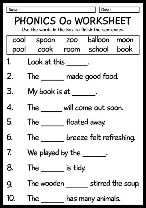 Help your first graders practice phonics with engaging Oo words worksheets! Develop their reading and spelling skills while having fun with these interactive activities. Get your hands on these valuable resources and boost your child's learning journey. #PhonicsPractice #FirstGradeLiteracy #OoWordsWorksheets #phonicswords Phonics Reading Activities, Oo Sound, Worksheets For First Grade, Oo Words, Worksheets For Class 1, Word Family Activities, English Grammar For Kids, Grammar For Kids, Teaching Spelling