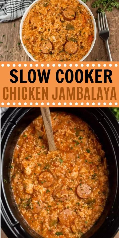 Crock Pot Jambalaya is such a hearty meal with chicken and sausage. Packed with just enough heat to jazz it up but perfect for the entire family to enjoy. This slow cooker chicken and sausage jambalaya is easy to make and packed with tons of flavor too! #eatingonadime #crockpotrecipes #slowcookerrecipes #chickenrecipes #cajunrecipes Slow Cooker Chicken And Sausage, Jumbolia Recipes, Jambalaya Recipe Slow Cooker, Crock Pot Jambalaya, Jambalaya Recipe Crockpot, Chicken Jambalaya Recipe, Meal With Chicken, Chicken Jambalaya, Jambalaya Recipe Easy