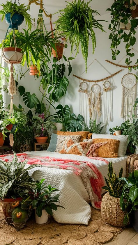 "A cozy bedroom adorned with lush green plants, natural wood furniture, and soft textiles for a refreshing boho vibe." Boho Plant Decor, Cozy Boho Bedroom, Boho Style Bedroom, Cozy Boho, Room Ideas Aesthetic, Plant Aesthetic, Style Bedroom, Surround Yourself, Lush Greenery