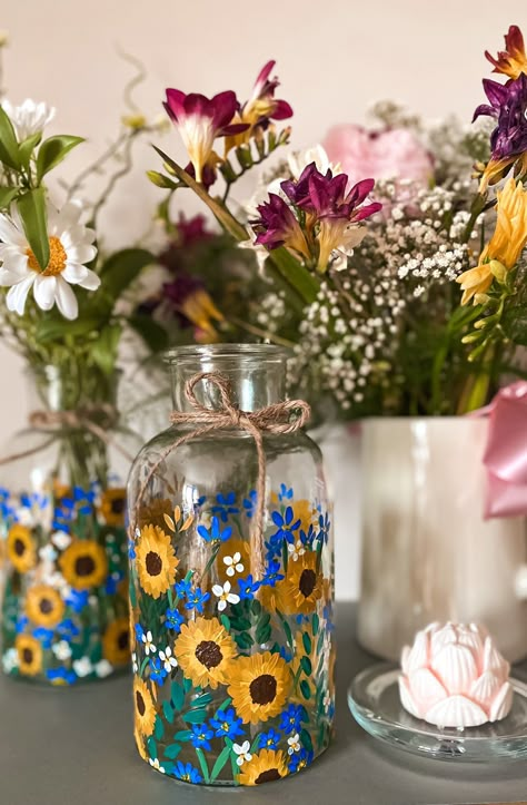 Glassware Painting, Cylinder Candle Holders, Sunflower Stuff, Jar Decoration, Sunshine Card, Cylinder Candle, Wildflower Birthday, Painting Glass Jars, Easy Mother's Day Crafts