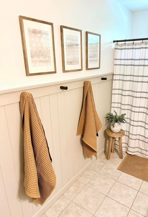 Guest Bath Accent Wall, Accent Wall Restroom, Board And Batten Wall Bathroom, Khaki Bathroom, Sherwin Williams Balanced Beige, Easy Diy Accent Wall, Accent Wall Tutorial, Accent Wall Diy, Balanced Beige