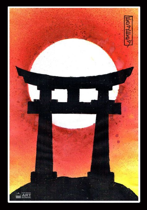 Japanese Torii Gate Art lesson by Easy Peasy Art School. Online art lesson for teachers students and artists of all ages. Tori Gate Drawing, Japanese Drawings Easy, Easy Japanese Drawings, Japanese Art Easy, Japanese Drawing Simple, Japanese Painting Easy, Japanese Art Simple, Japanese Temple Drawing, Japanese Torii Gate