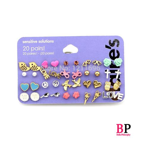 earrings for girls at claire's | BP Jewelry Claire fashion accessories stud earring pack set 20 pairs ... Claires Accessories, Claires Ear Piercing, Claire Fashion, Acrylic Nail Designs Classy, Penyimpanan Makeup, Girl School Supplies, Earrings For Kids, Earring Pack, Claire's Accessories