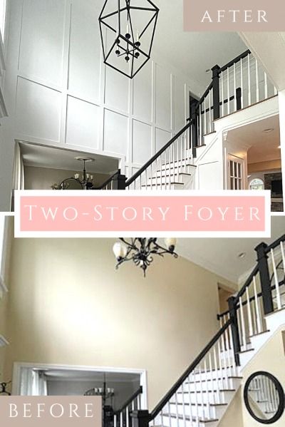 Two Story Molding, Wainscoting Ideas Foyer Entryway, Decorative Stair Wall Ideas, Tall Wainscoting Entryway, Wainscoting Ideas Entryway Stairways, Entryway Wall Design Ideas, Entryway Two Story Foyer, Living Room 2 Story Ceiling, Foyer Landing Decor