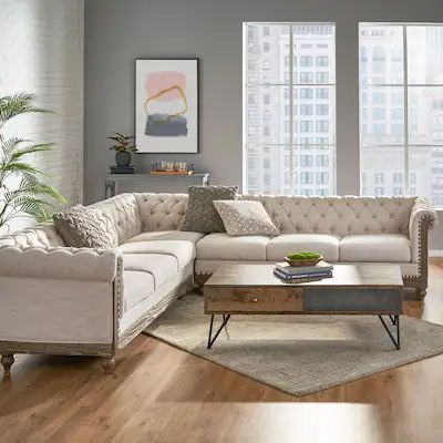 Buy Sectional Sofas Online at Overstock | Our Best Living Room Furniture Deals Tufted Couch Living Room, Tufted Sectional Sofa, Nailhead Sofa, Sectional Sofa Beige, High Sofas, Chesterfield Style Sofa, Vogue Vintage, Fabric Sectional Sofas, Living Room Sofa Design