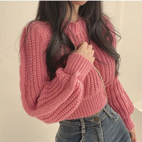 YesStyle rewards code: OLIVIASOJO | afilliate code, links | Puff Sleeve Plain Crop Sweater Loose Knitwear, Winter Knitwear, Lantern Sleeve Sweater, Pull Rose, Clothes Korean Style, Cropped Knit Sweater, Cardigan Casual, Women Sweaters Winter, Cropped Pullover