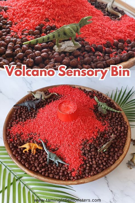 Volcano Sensory Bin for Kids.    This sensory activity is perfect for toddlers and preschoolers who love dinosaurs. Make your own erupting volcano that doubles as a small world.    #sensory #smallworld #toddler #preschool Small World Activities Preschool, Diy Dinosaur Sensory Bin, Dinosaur Water Table, Volcano Sensory Play, Africa Sensory Bin, Sensory Bins Dinosaurs, Volcano Sensory Bin, Dinosaur Messy Play Activities, Dinosaur Math Activities For Toddlers