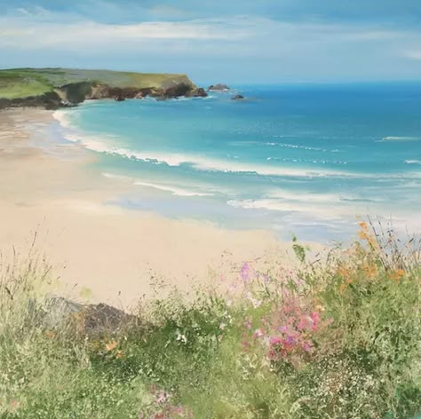 Lovely Day on St Martin's | PRINTS Seaside Art Painting, Amanda Hoskin Art, Amanda Hoskin, Beach Landscape Painting, British Paintings, Seaside Paintings, Northern Lights Painting, Cornwall Beaches, Seascapes Art