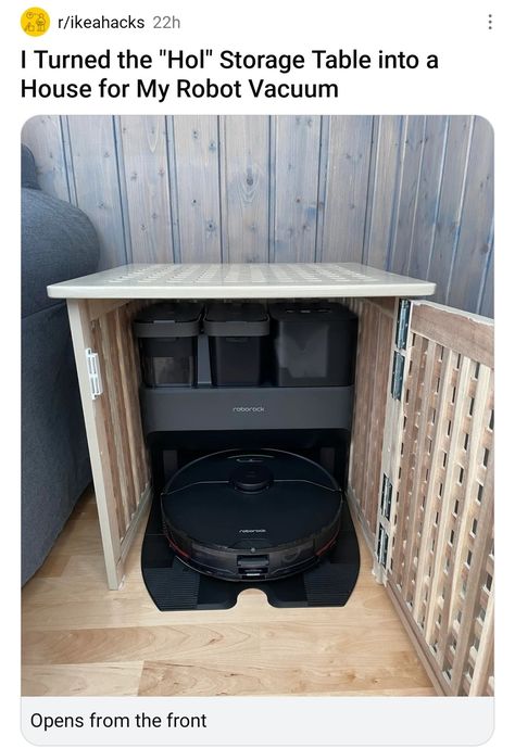 Hide Roomba Base, Robot Vacuum Storage Ideas, Hidden Robot Vacuum Storage, Roomba Storage Idea, Hide Robot Vacuum, Roomba Garage, Robot Vacuum Storage, Vacuum Storage Ideas, Diy Furniture Flip