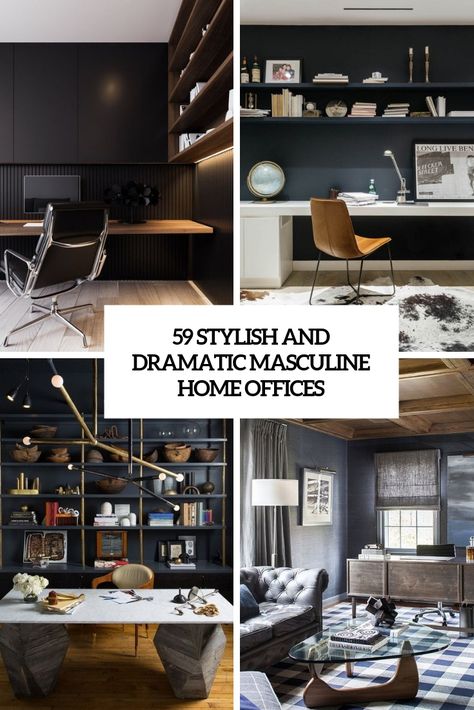 59 Stylish And Dramatic Masculine Home Offices Masculine Office Wallpaper, Masculine Offices, Men's Office Decor, Masculine Closet, Masculine Home Offices, Modern Farmhouse Desk, Masculine Home Office Ideas, Masculine Home, Industrial Accents