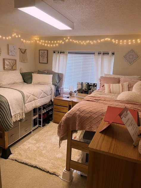 Dorm Room #college #dormdecor #dormroomideas Dorm Room For 3 People, Aesthetic Dorm Rooms For Two, Dorm Room Ideas Best Friends, Nice Dorm Room, Small Dorm Room Layout Double, Best Friend Dorm Room Ideas, College Dorm Room Ideas Roommate, Aesthetic Dorm Room Ideas Two People, 2 Bed Dorm Room Ideas