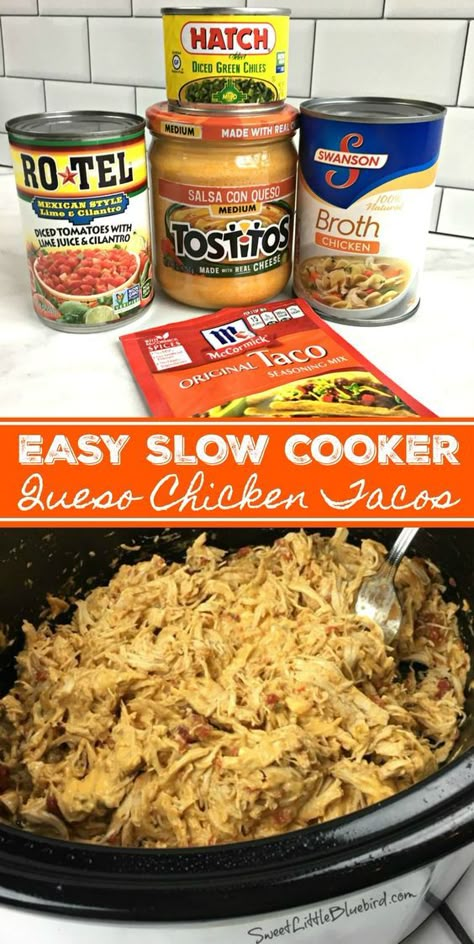 EASY SLOW COOKER QUESO CHICKEN TACOS - Taco night just got a lot more flavorful with this SUPER EASY, delicious weeknight meal that makes the BEST chicken tacos! Only a few ingredients and minutes to throw together. Queso Chicken Tacos, Slow Cooker Queso Chicken, Slow Cooker Queso, Queso Chicken, Chicken Tacos Easy, Recipe Slow Cooker, Crock Pot Dinners, Crock Pot Ideas, Crockpot Ideas