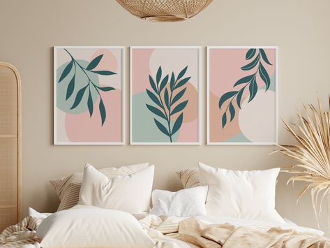 Pastel Pink And Green Aesthetic Bedroom, Pink Boho Painting, Painting Ideas On Canvas Aesthetic Pink And Green, Set Of 3 Wall Art Boho, Pastel Canvas Art, Mint Green And Pink Bedroom, Pink And Green Painting Ideas, Pink And Green Home Office, Abstract Plant Art