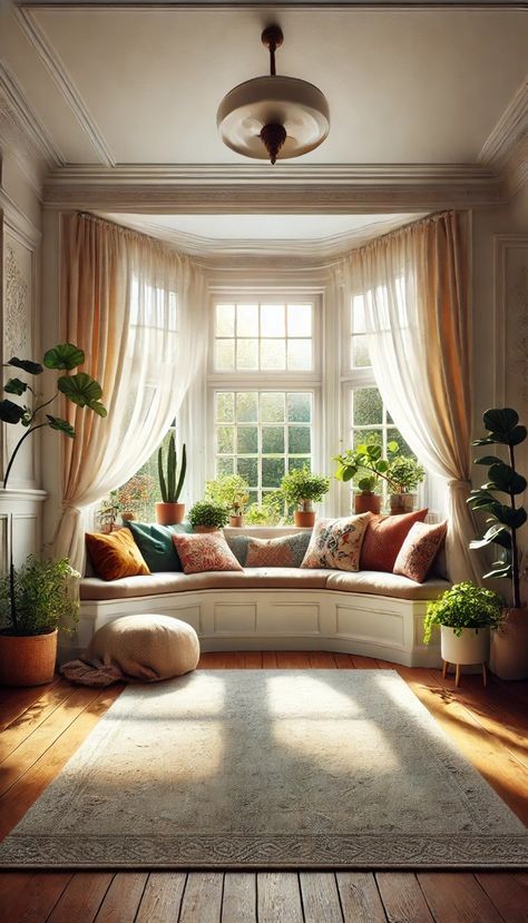 Living Room Window Bench Seat, Bay Window Seat Curtains, Bay Window In Bedroom, Bay Window Ideas Living Room, Bay Window Living Room Layout, Bay Window Bedroom Ideas, Curtain Window Ideas, Curtain Ideas For Bay Windows, Bay Window Curtains Living Room