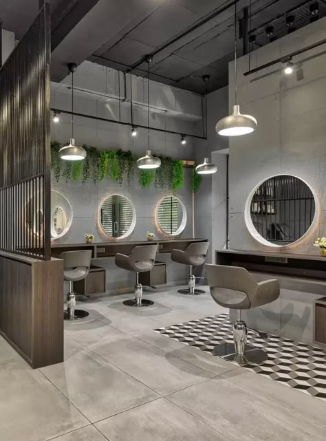 Gray Salon Ideas Interior Design, Hair Salon Industrial, Aesthetic Hairdresser Salon, High End Hair Salon Design, Sage Green Salon Aesthetic, Industrial Beauty Salon, Hairdresser Aesthetic Salon, Grey Hair Salon, Aesthetic Salon Interior Design