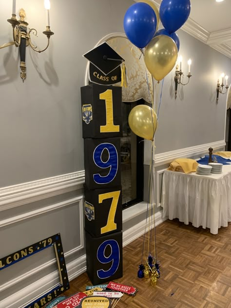 Graduation Reunion Ideas, Class Of 83 Reunion, Class Reunion Dessert Table, Decorating Ideas For Class Reunion, Reunion Decorations High School, Class Reunion Party Ideas, Diy Class Reunion Decorations, High School Reunion Photo Booth Ideas, 50th Reunion Centerpieces