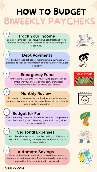 Biweekly budgeting infographic with seven essential steps for managing money on a biweekly paycheck. Includes tips on tracking income, prioritizing debt, creating an emergency fund, budgeting for fun, and automating savings. Perfect for low-income earners looking to save money and stay organized. Budget And Savings Plan, 52 Week Money Saving Challenge Low Income, Low Income Budget Plan, Budgeting Biweekly Paychecks, Car Down Payment Savings Plan, How To Save Money Biweekly Pay, How To Budget For Beginners Biweekly, Biweekly Budget Printable Free, How To Save Money On A Low Income