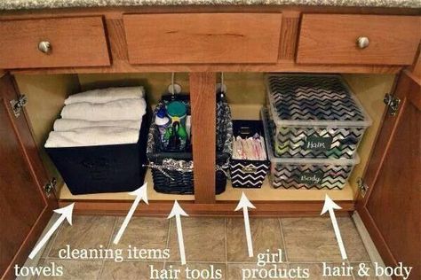 Organize under bathroom sink Organizing Tips And Tricks, Bathroom Organizing, Bathroom Cupboards, Organized Bathroom, Towel Storage, Organizing Tips, Intelligent Design, Under Sink, Organizing Ideas