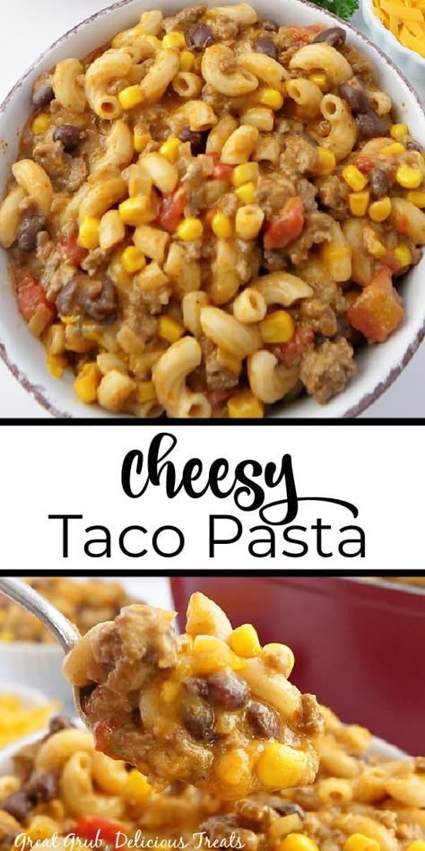 Cheesy Taco Pasta is loaded with ground beef, corn, beans, elbow noodles, enchilada sauce, and lots and lots of cheese. Casserole With Macaroni Noodles, Baked Elbow Pasta Recipes, What To Do With Macaroni Noodles, Crockpot Recipes With Elbow Noodles, Taco Meat And Noodles, Macaroni Noodles And Ground Beef, Hamburger Meat Noodles Recipes, Ground Beef Recipes With Noodles, Beef And Corn Recipes