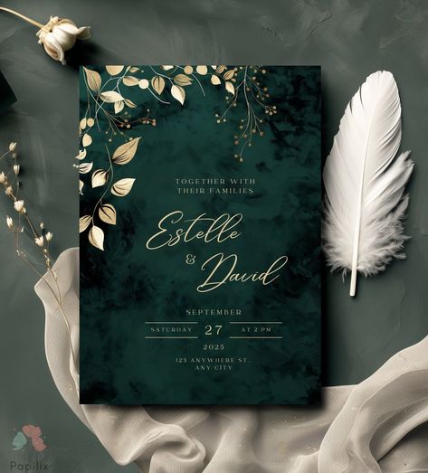 In a symphony of deep green and gleaming gold, this wedding invitation whispers elegance and timeless allure. Intricate gold leaves and delicate botanical motifs intertwine, echoing the enchanting beauty of nature's artistry. It's a perfect invitation for couples envisioning a sophisticated and unforgettable celebration.  Preview the design at the link below.  https://www.canva.com/design/DAGKvxhoF5o/l1-tdthNVYlVY7QbD-GffA/view?utm_content=DAGKvxho  
.#WeddingInvitations #DIYWedding #WeddingStationery #WeddingInspiration #WeddingPlanning Everest Green Wedding, Emerald Green And Black Wedding Invitations, Champagne Gold And Emerald Green Wedding, Dark Green And Gold Wedding Invitations, Wedding Invitations Forest Green, Green Gold Champagne Wedding, Forest Green And Grey Wedding, Evergreen And Gold Wedding, Fall Wedding Dark Green