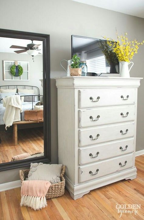 Tall white dresser Dresser Dresser, Easy Home Organization, Painted Bedroom, Bedroom Furniture Makeover, Diy Furniture Bedroom, Tall Dresser, Dekorasi Kamar Tidur, White Dresser, Cottage Bedroom