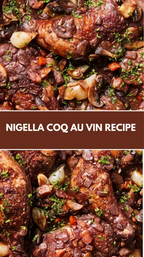 This delicious Coq au Vin recipe from Nigella Lawson is a comforting, hearty meal that’s both easy and rich in flavor. With tender chicken, a rich red wine sauce, and crispy toasted bread, it’s a perfect dish for a cozy lunch or dinner. You can easily adjust ingredients based on what you have at home! Co Au Vin Chicken, Chicken Coq Au Vin Recipe, Chicken Coq Au Vin, Nigella Recipes, Christmas Cooking Ideas, Red Wine Chicken, Coq Au Vin Recipe, Celebrity Food, Red Wine Recipe