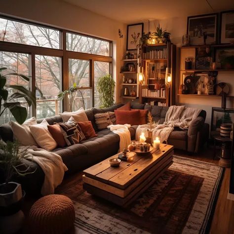 Living Room Inspiration L Shape Couch, Wood Cozy Living Room, Brown Room Interior Design, Living Room Natural Colors Earth Tones, Living Room Inspiration Antique, Home Decor Brown Tones, Aesthetic Lighting Living Room, Earth Tone House Interior, Cozy Condo Living Room